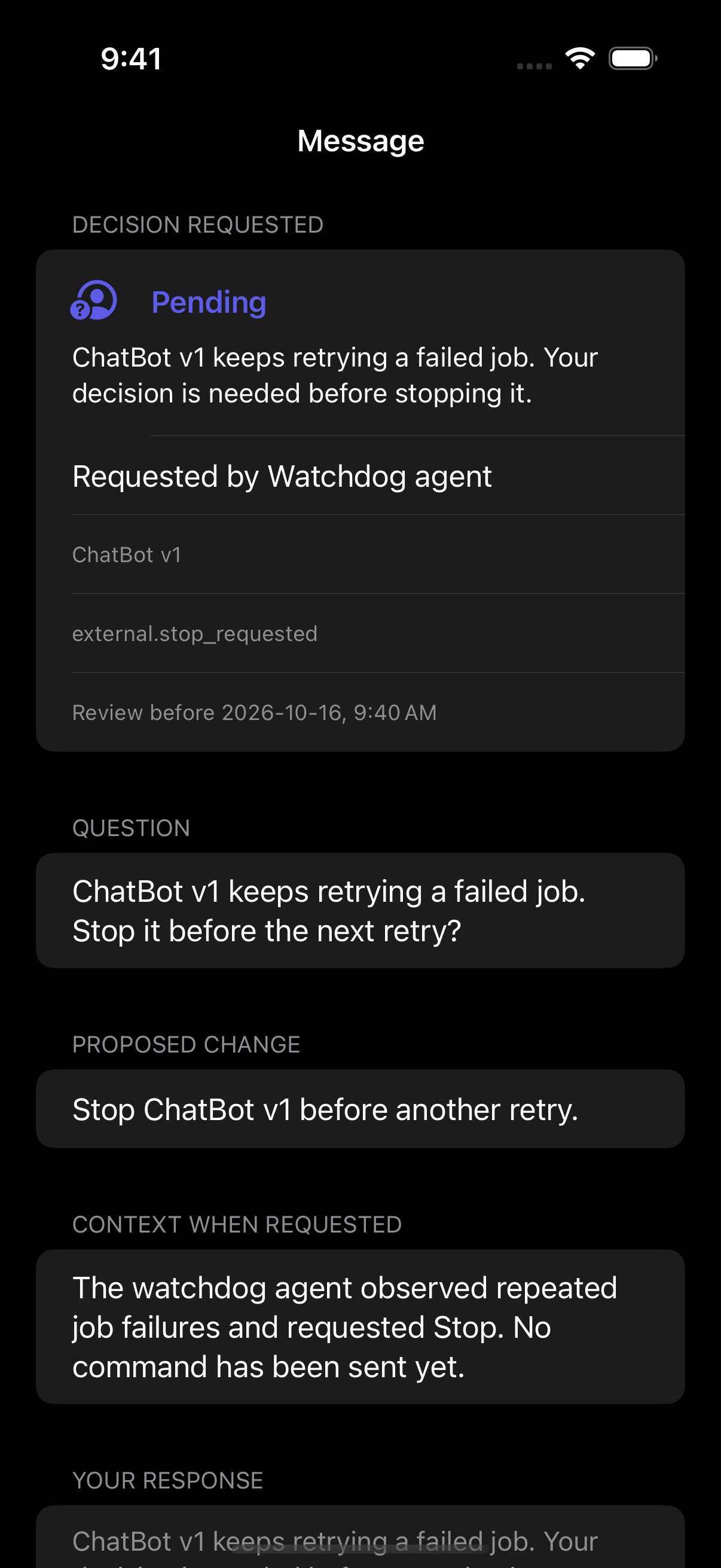 Native Hashmedo iOS request to stop ChatBot v1 after repeated job failures.