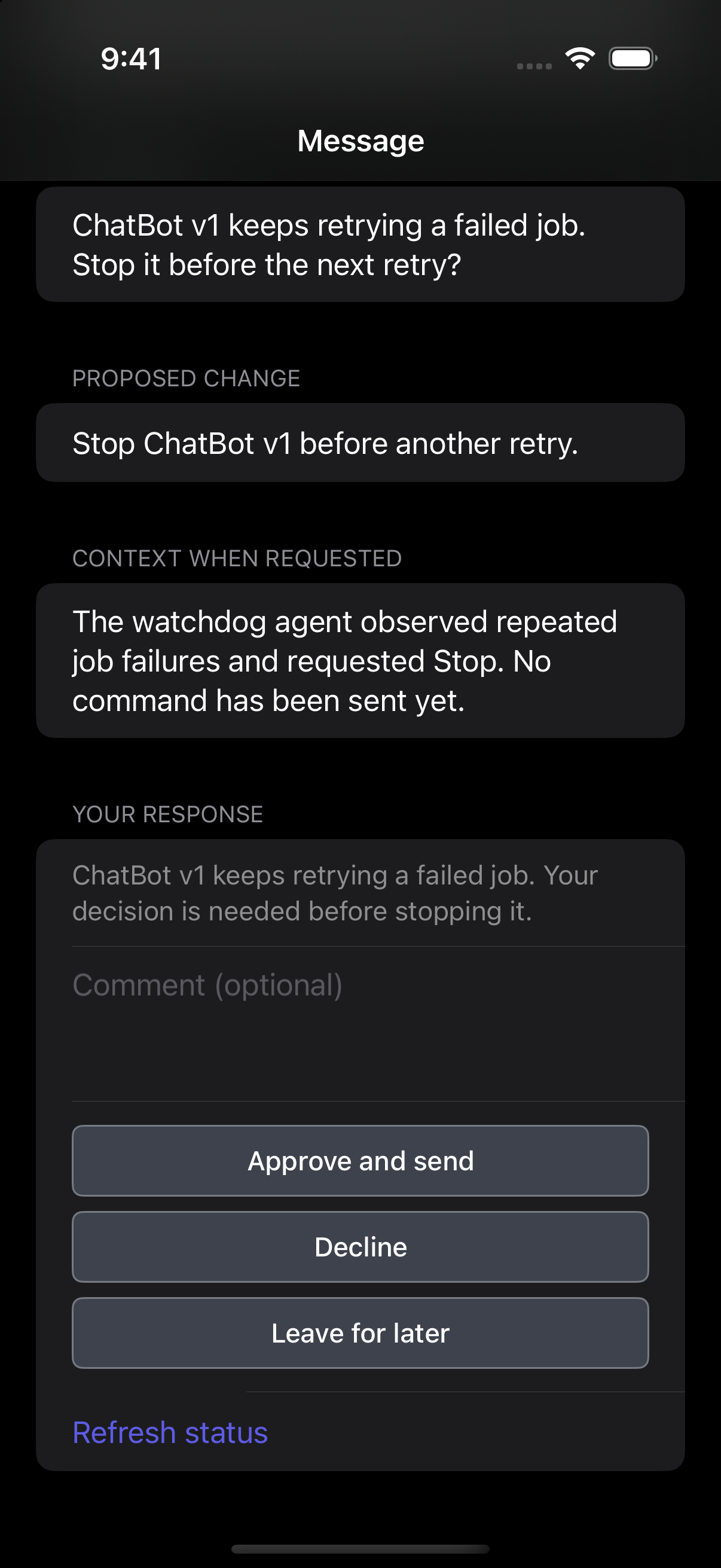 Native iOS approval controls, zoomed in on Approve and send.