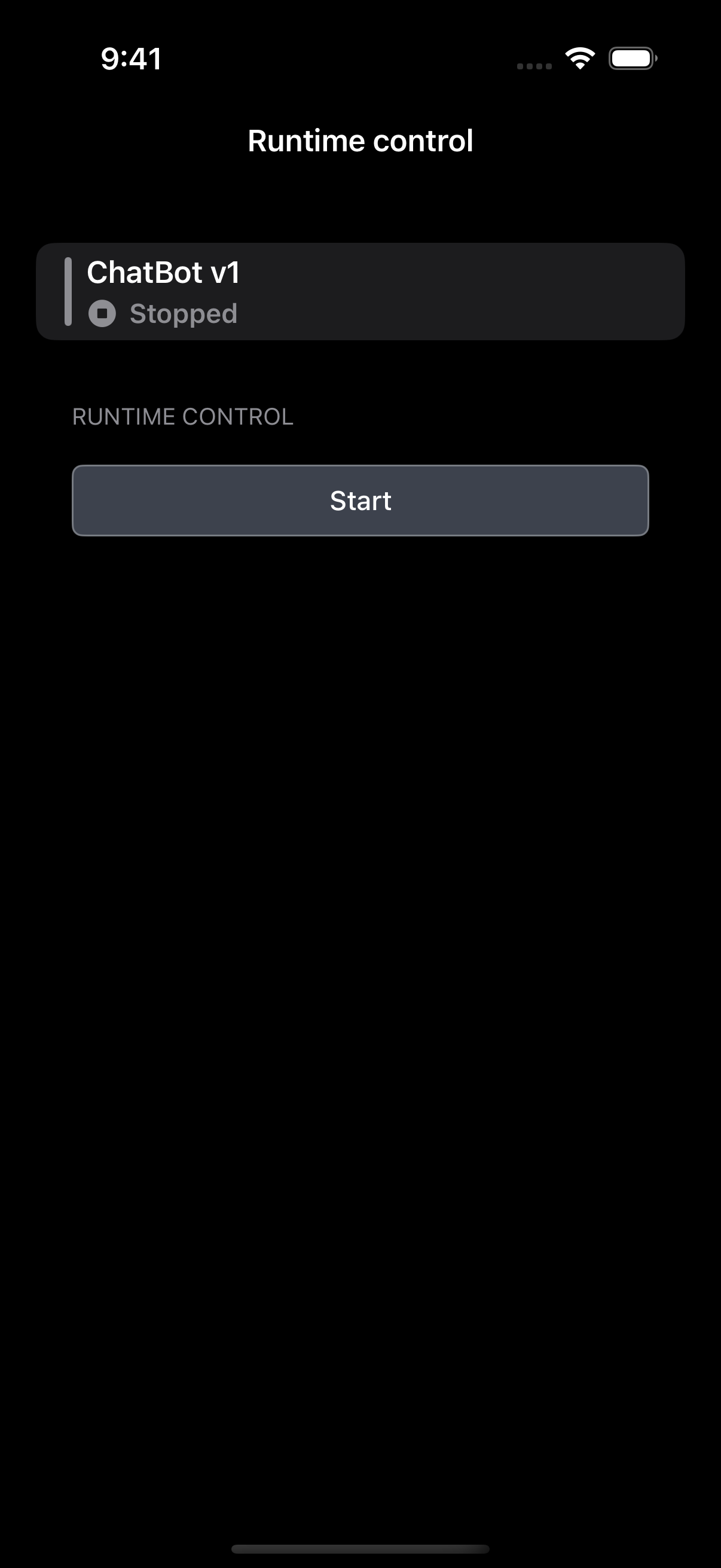 Native Hashmedo iOS runtime controls with ChatBot v1 stopped and the Start button available.