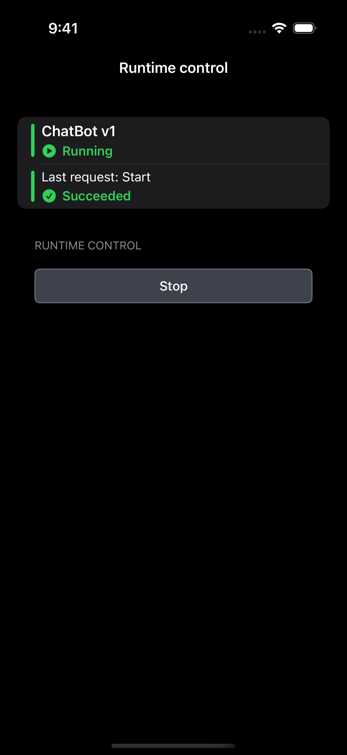 Native Hashmedo iOS runtime controls showing ChatBot v1 Running and the last Start request Succeeded.